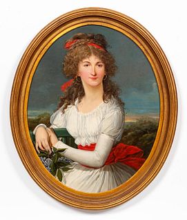 19TH C, PORTRAIT, LADY IN WHITE DRESS AND RED SASH