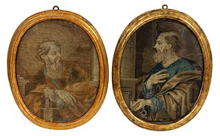 2 PIECES, TAPESTRIES OF SAINTS, GILTWOOD FRAMES