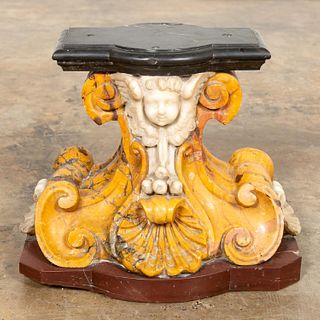 CARVED MARBLE CLOCK BASE WITH MASK & SHELL MOTIF