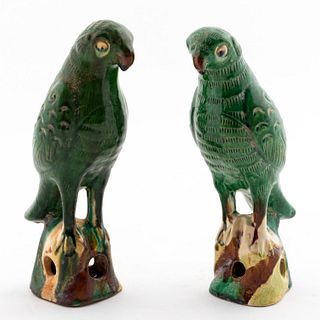 PAIR, CHINESE EXPORT GREEN GLAZED PARROT FIGURES