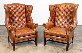 PR, GEORGIAN STYLE TUFTED LEATHER WINGBACK CHAIRS