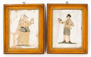 PAIR, 19TH C, FABRIC & PAPER COLLAGES, FRAMED