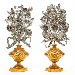 PAIR, GILTWOOD AND SILVERED FLORAL ORNAMENTS