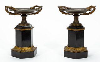 PAIR, 19TH C FRENCH BRONZE & SLATE TAZZAS