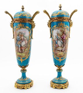PAIR, E. 20TH SEVRES STYLE TURQUOISE & GILT URNS