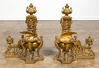 PAIR, FRENCH BRONZE CHENETS WITH URNS & BIRDS