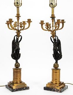 PAIR, 20TH C. EMPIRE STYLE FIGURAL TABLE LAMPS
