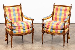 PAIR, FRENCH STYLE WALNUT ARM CHAIRS, UPHOLSTERED