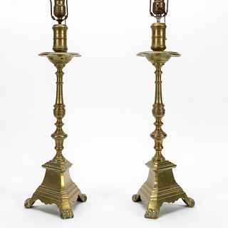 PAIR, HEAVY BRASS CANDLESTICK LAMPS