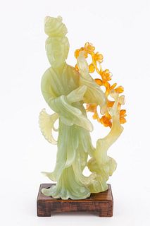 CHINESE JADE QUANYIN FIGURE ON WOOD STAND
