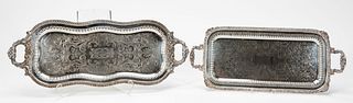 2 PCS, SILVERPLATE FOOTED & HANDLED SERVING TRAYS