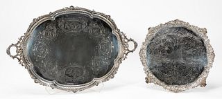 2 PCS, ENGLISH SILVERPLATE FOOTED SERVING TRAYS