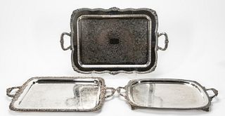 3 PCS, SILVERPLATE HANDLED & FOOTED SERVING TRAYS