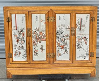 Chinese Porcelain Plaque Paneled Wood Cabinet