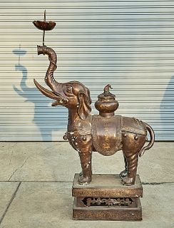 Large Chinese Bronze Elephant-Form Candlestick and Censer