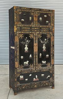 Tall Chinese Painted Hard Wood and Hardstone Cabinet