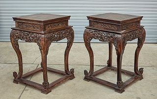 Pair Elaborately Carved Chinese Hard Wood Stands