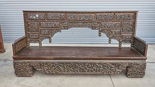 Large Elaborate Chinese Hard Wood Bench