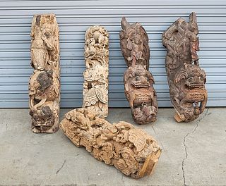 Group of Five Chinese Carved Wood Architectural Elements