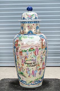 Tall Chinese Enameled and Painted Porcelain Covered Vase