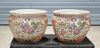 Pair Chinese Enameled Porcelain Fish Bowls