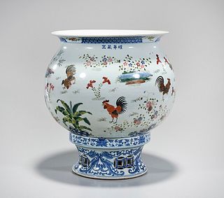 Chinese Blue and White and Enameled Porcelain Jardiniere