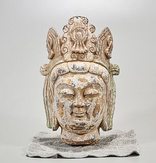 Chinese Parcel Gilt Stone Head of Guanyin