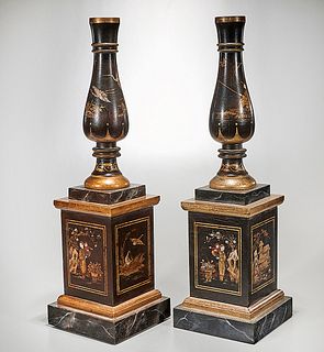 Pair Chinese Painted Wood Candlesticks