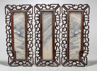 Group of Three Chinese Stone Inset Carved Wood Panels