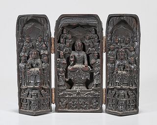 Chinese Carved Wood Devotional Folding Triptych