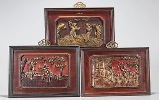 Group of Three Chinese Framed Carved Wood Panels