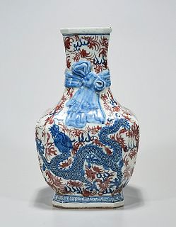 Chinese Red, Blue and White Porcelain Four-Faceted Vase