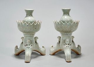 Pair Chinese Crackle Glazed Porcelain Tripod Candlesticks