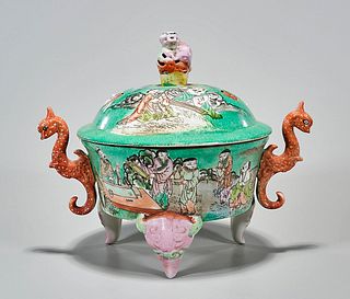 Chinese Enameled and Painted Porcelain Covered Censer