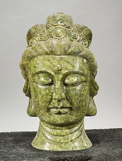 Chinese Green Carved Hardstone Head of Guanyin