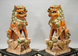Pair Chinese Sancai-Style Glazed Fo Lions