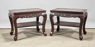 Pair Chinese Stone Inset Hard Wood Side Tables