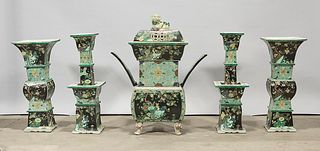 Five-Piece Chinese Enameled Porcelain Altar Garniture Set