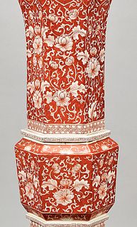 Tall Chinese Red and White Porcelain Hexagonal Gu-Form Vase