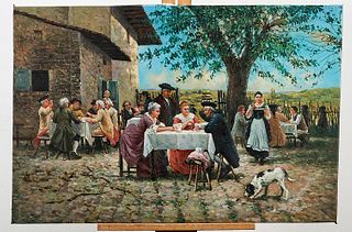 Oil on Canvas Painting of an Outdoor Dining Scene