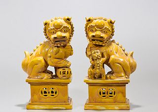 Pair Chinese Yellow Glazed Porcelain Fo Lions