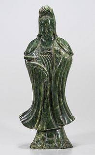 Chinese Green Carved Hardstone Figure of Guanyin