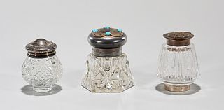 Group of Three Vintage Cut and Etched Glass Inkwells
