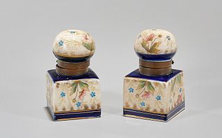 Two Vintage Painted Porcelain Inkwells