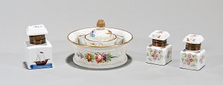 Group of Four Enameled and Painted Porcelain Inkwells