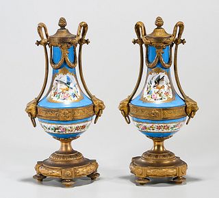 Pair Sevres-Style Ormolu Mounted Urns