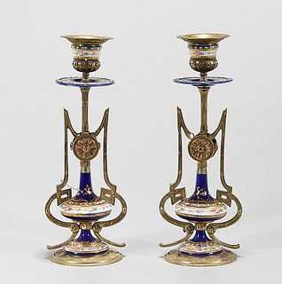 Pair Sevres-Style Ormolu Porcelain Candlesticks