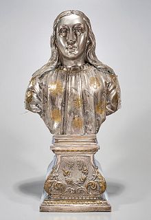 Antique Continental Repousse Gilt and Silvered Brass Bust