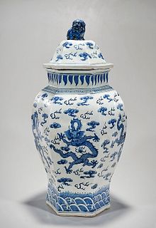 Tall Chinese Blue and White Porcelain Hexagonal Covered Vase