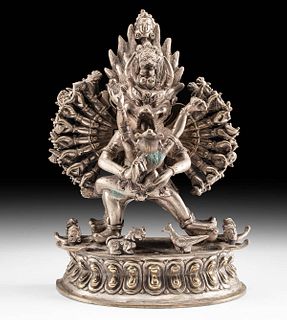 19th C. Tibetan Silvered Brass Vishnu & Consort w/ Seal